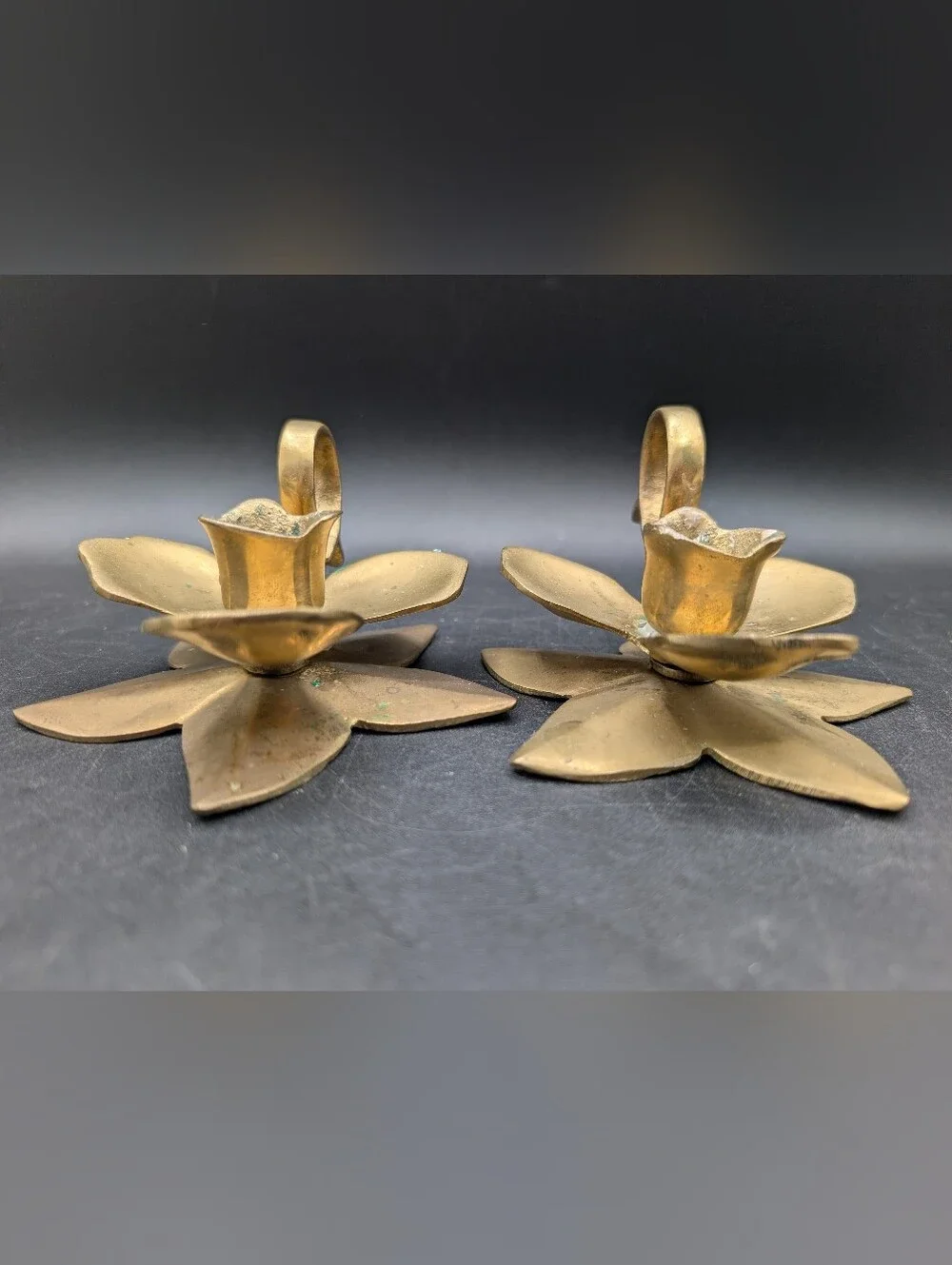 Pair Vintage Brass Orchid Flower Candlestick Holders